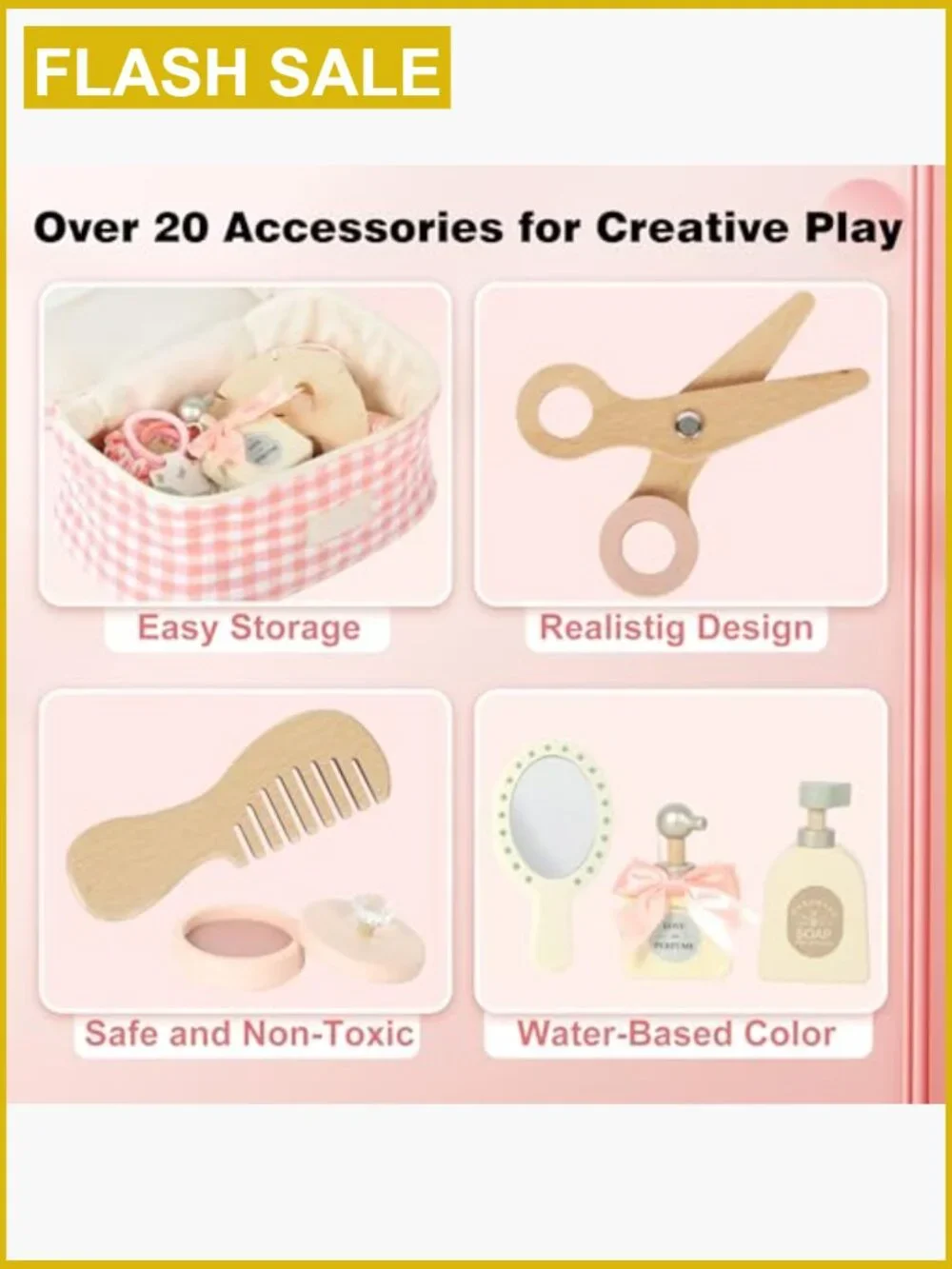 Wooden Makeup Toy Set - 20+ Piece Pretend Play Beauty Kit for Kids